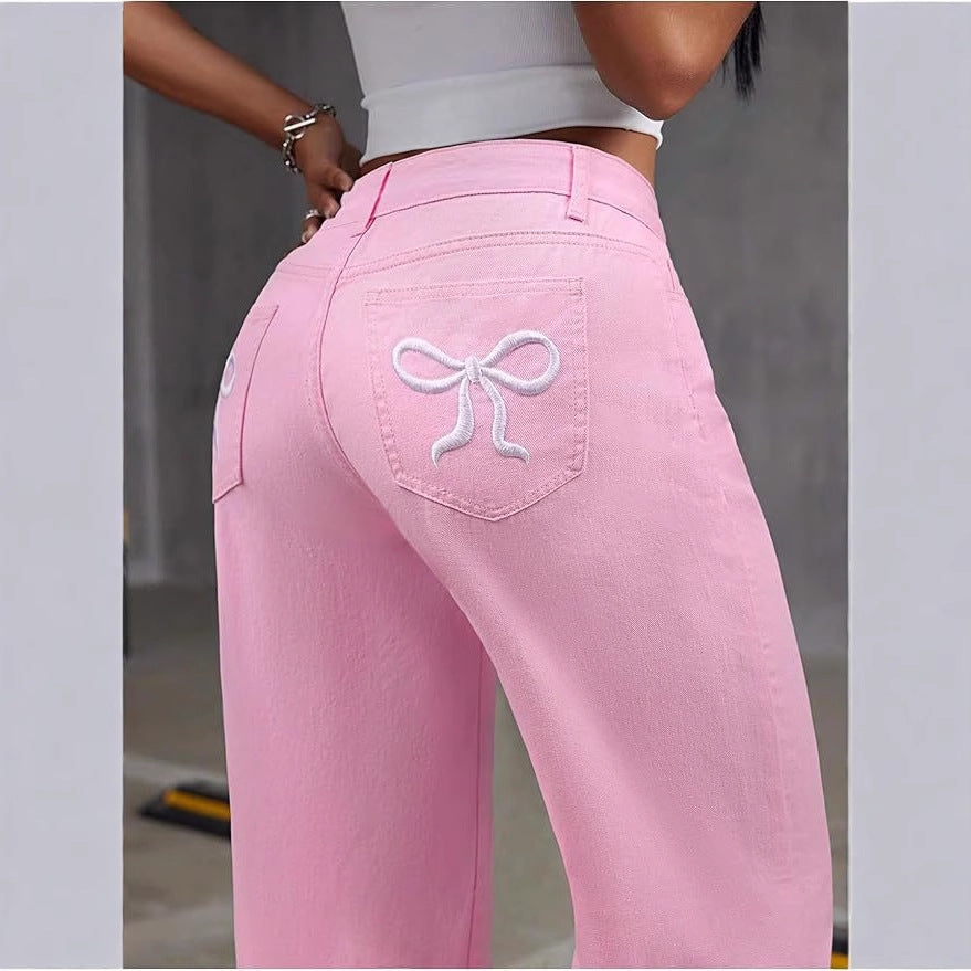 Women's Embroidered High Waist Straight Loose Trousers Women's Jeans