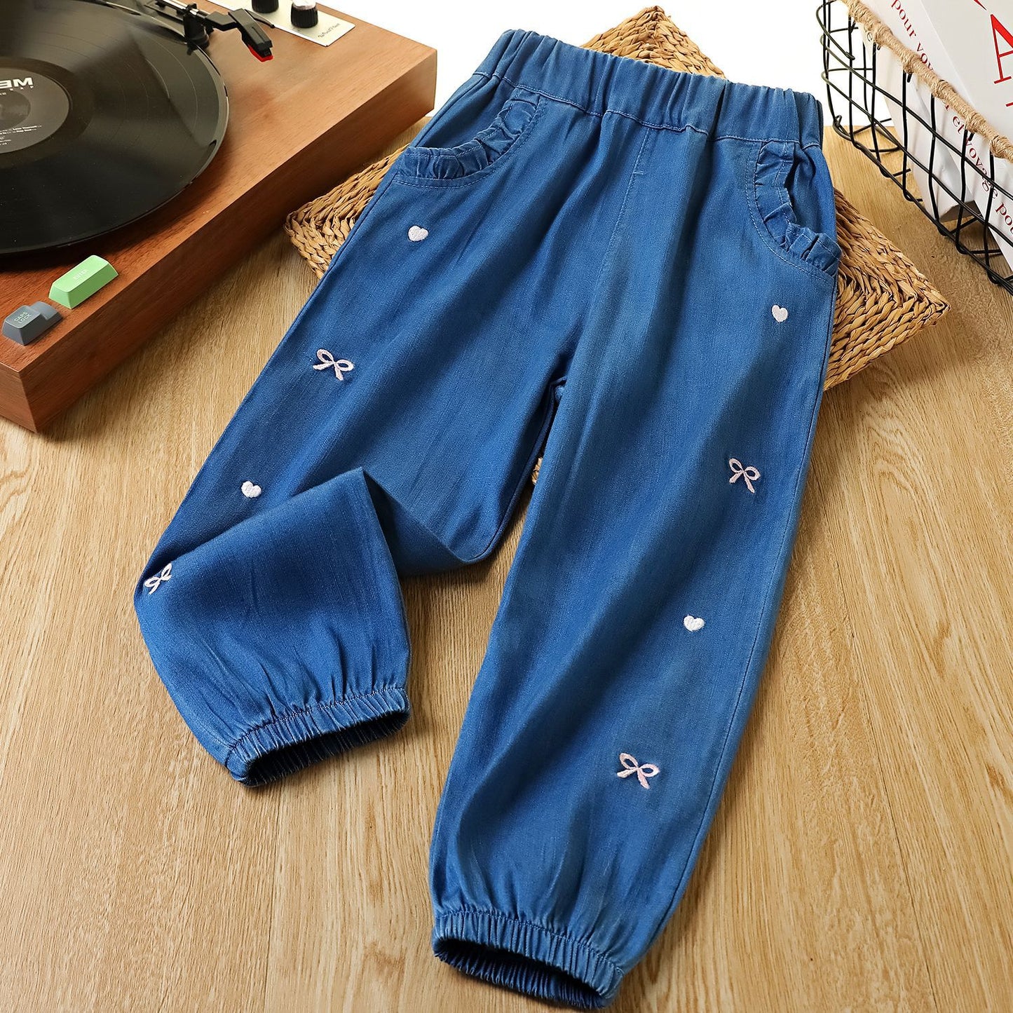 Children's Autumn Silk Denim Wooden Ear Pocket Cute Children's Pants