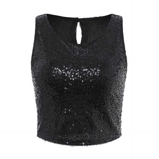 Fashion Casual Sequin Sequined Zipper Tank Vests