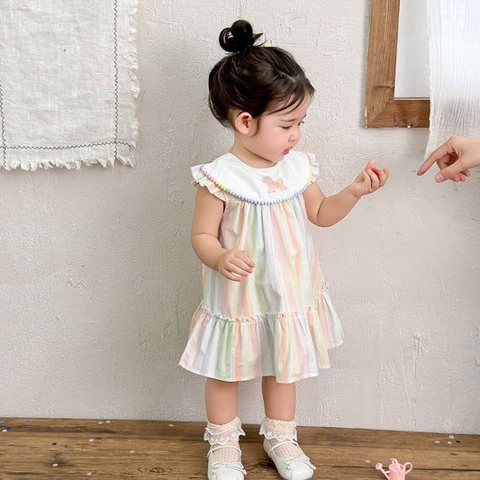 Skirt Play Clothes Super Cute Unicorn Rainbow Striped Flying Sleeve Jumpsuit, Climbing Suit