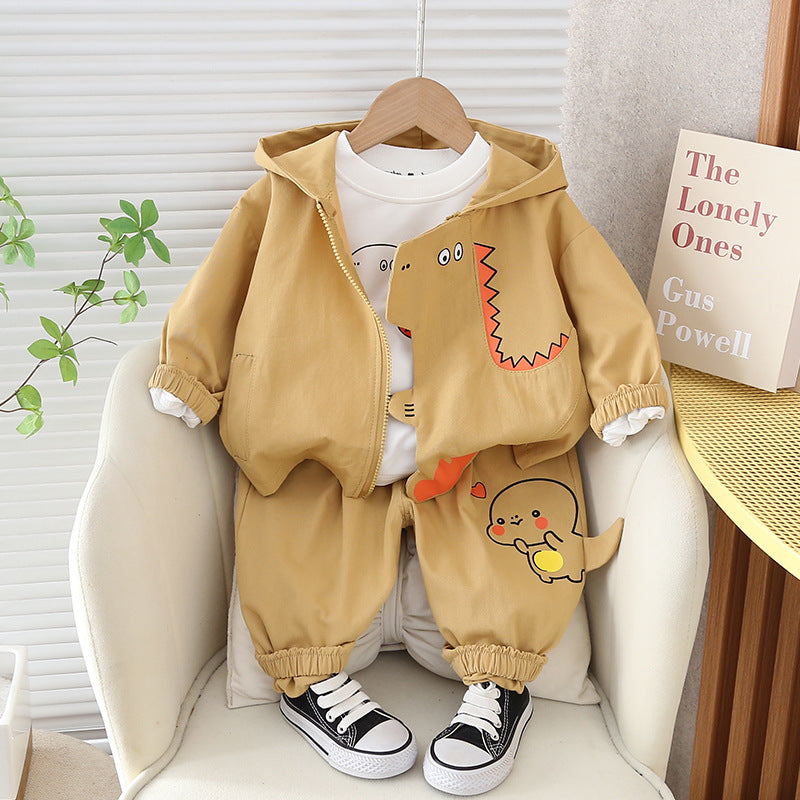 Spring Boys Cartoon Hooded Long Sleeve Three-piece Casual Shirt Children's Suit