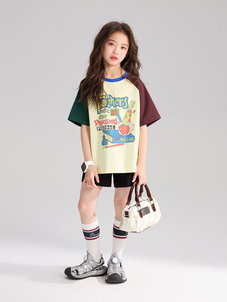 Children's Pudding Summer Raglan Sleeve Retro All Cotton Children's T-shirt