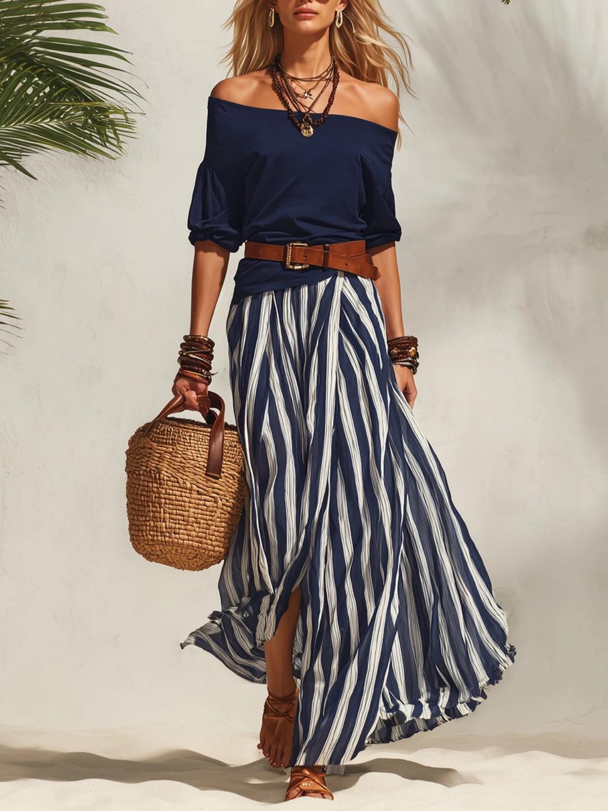 Women's Nautical Vacation Style Dress With Vents Tops
