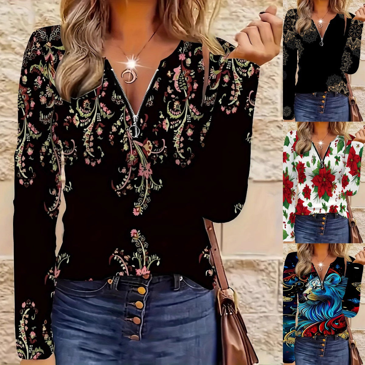 Women's Long Sleeve Flower Print Half Casual Tops