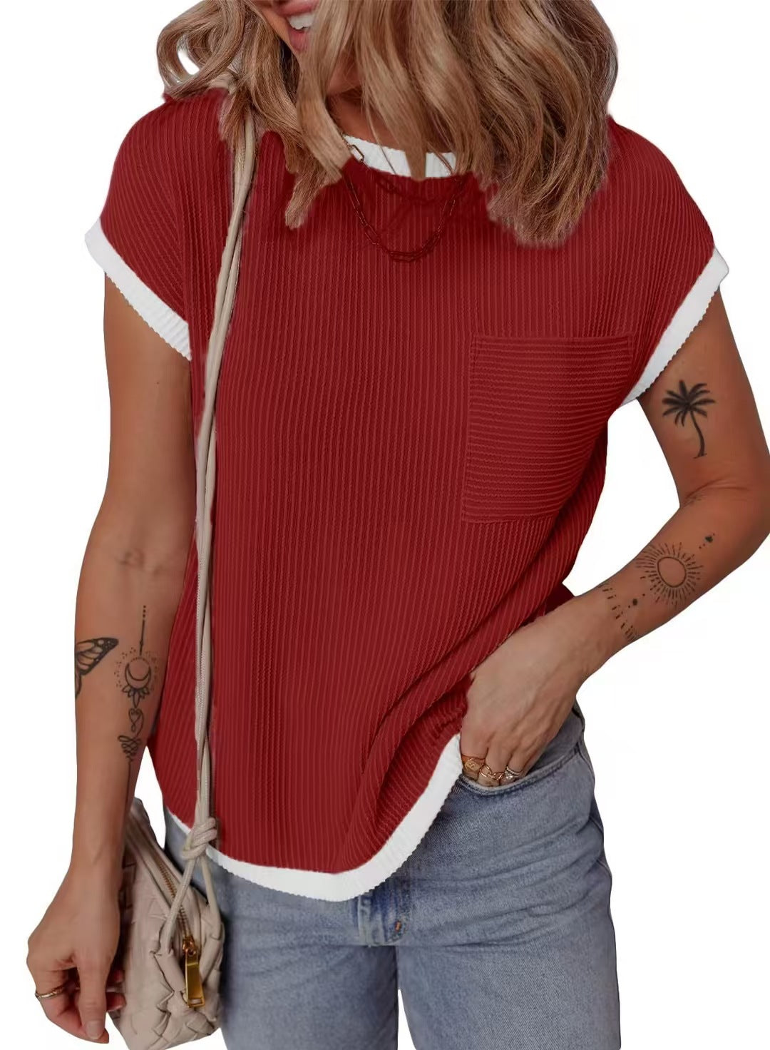 Women's Round Neck Knitted In Contrast Color Casual Twist Women's T-shirt