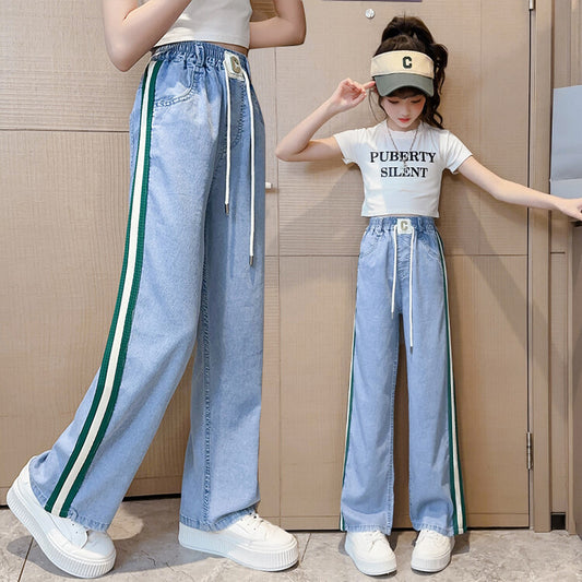 Pocket Summer Jeans Middle Big Straight Children's Pants