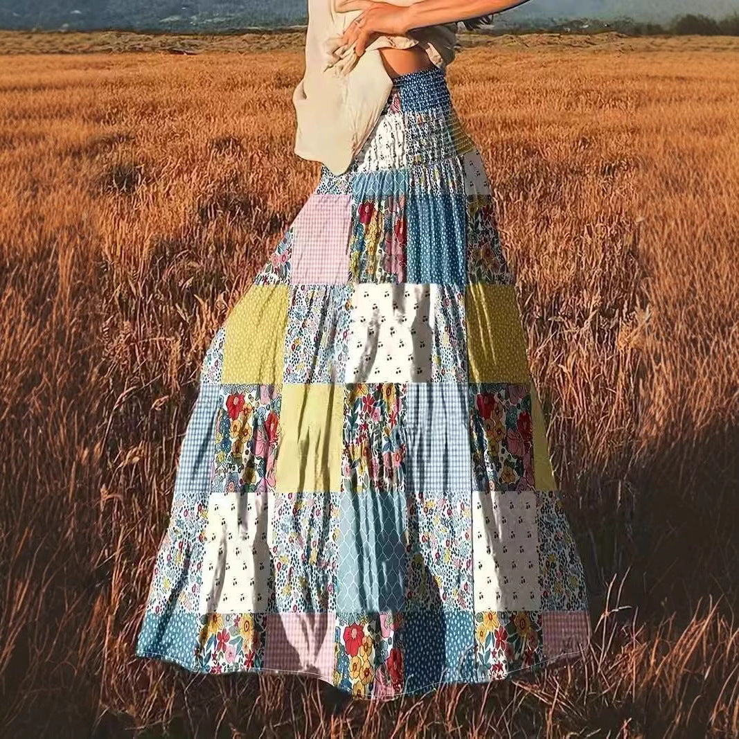 Women's Printed Stitching Popular Floral Long Skirt