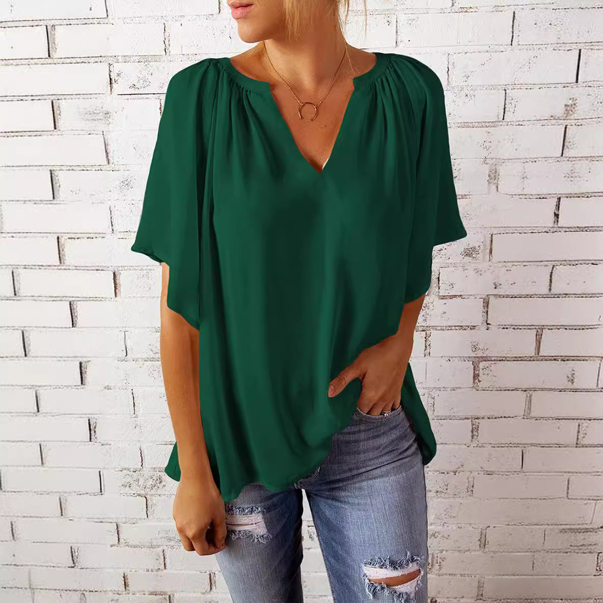 Women's Summer Loose Half Sleeve T-shirt Pullover Lace Shirt, Chiffon Shirt