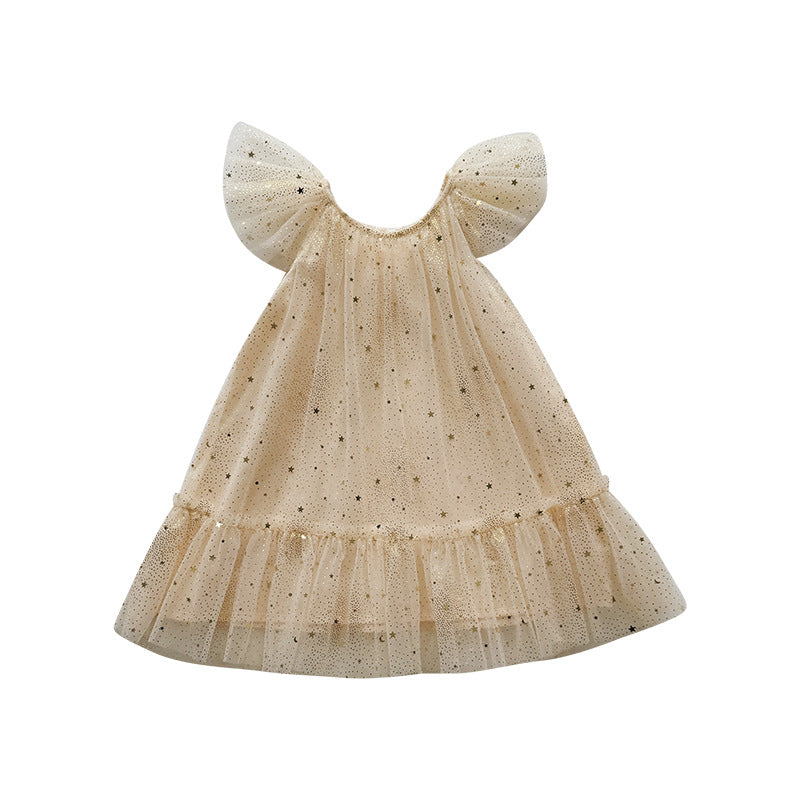 Children's Sweet Birthday Star Mesh Korean Princess Flounced Sleeve Bubble Children's Dress