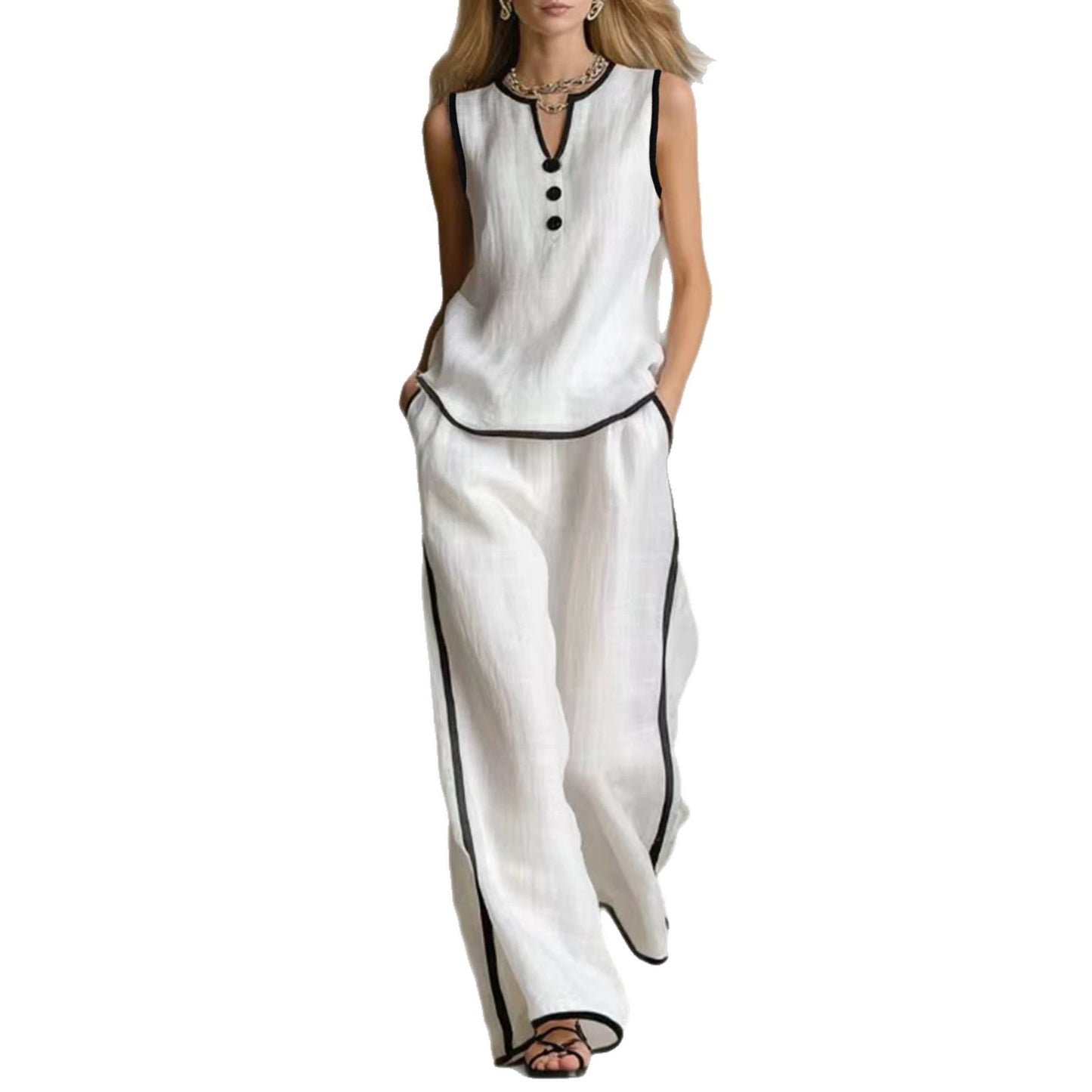 Color Trim Sleeveless Wide Leg Two-piece Pants
