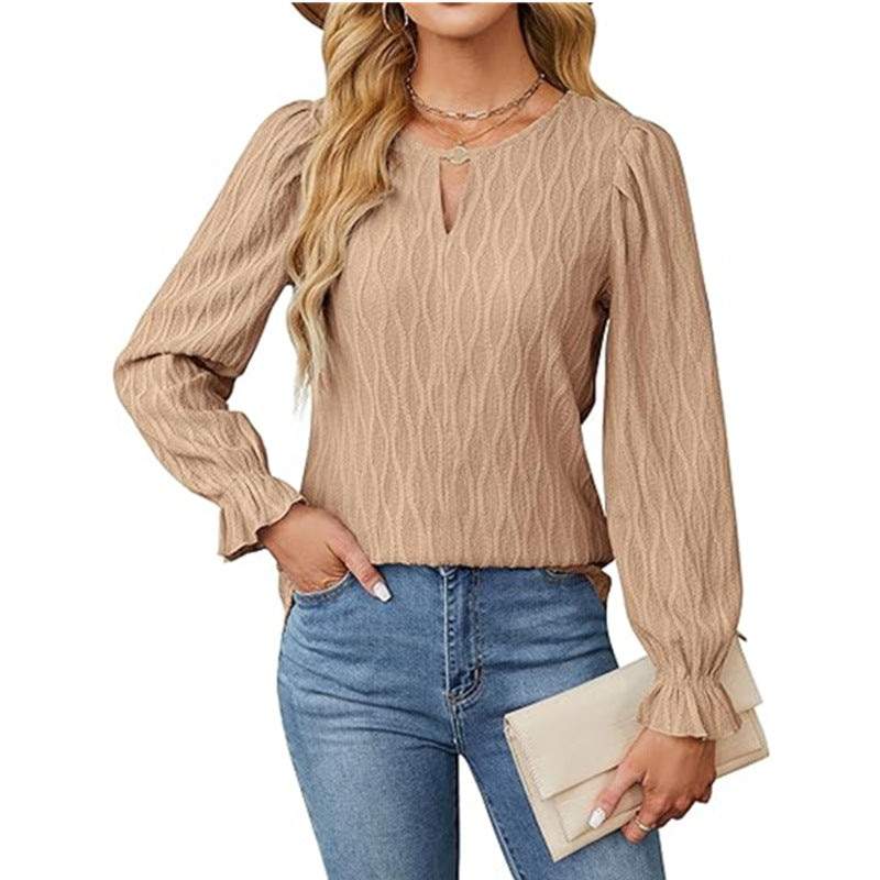Women's Solid Color Jacquard Round Neck Long Women's T-shirt