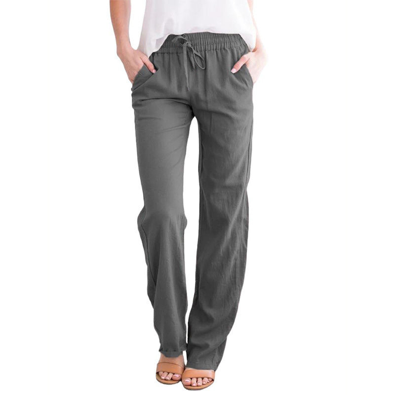Women's Solid Color Cotton Linen Drawstring Loose Casual Pants