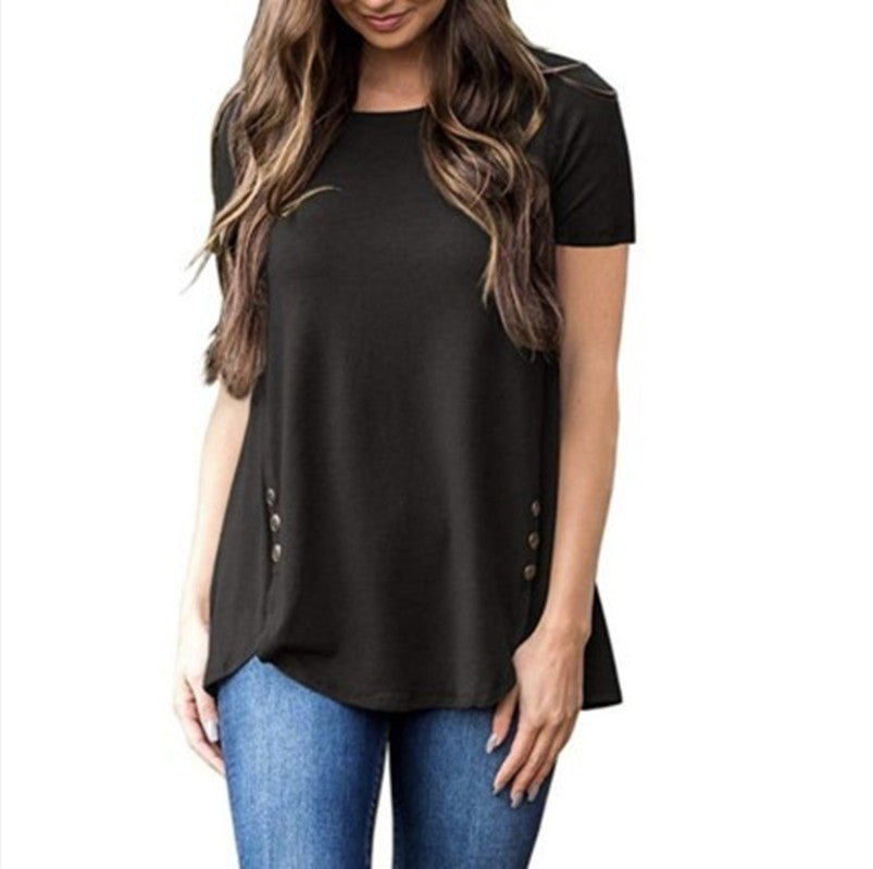 Women's Summer Sleeve Button Round Neck Women's T-shirt