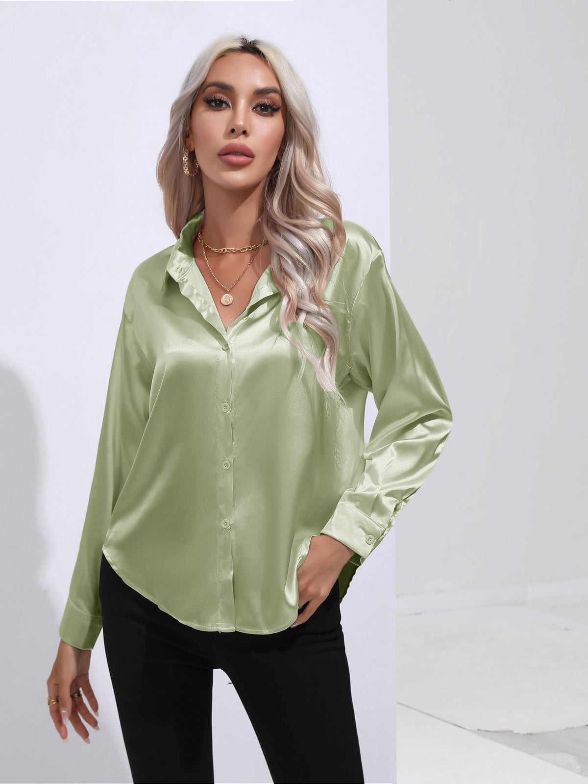 Glamorous Unique Women's Satin Shirt Long-sleeved Blouse