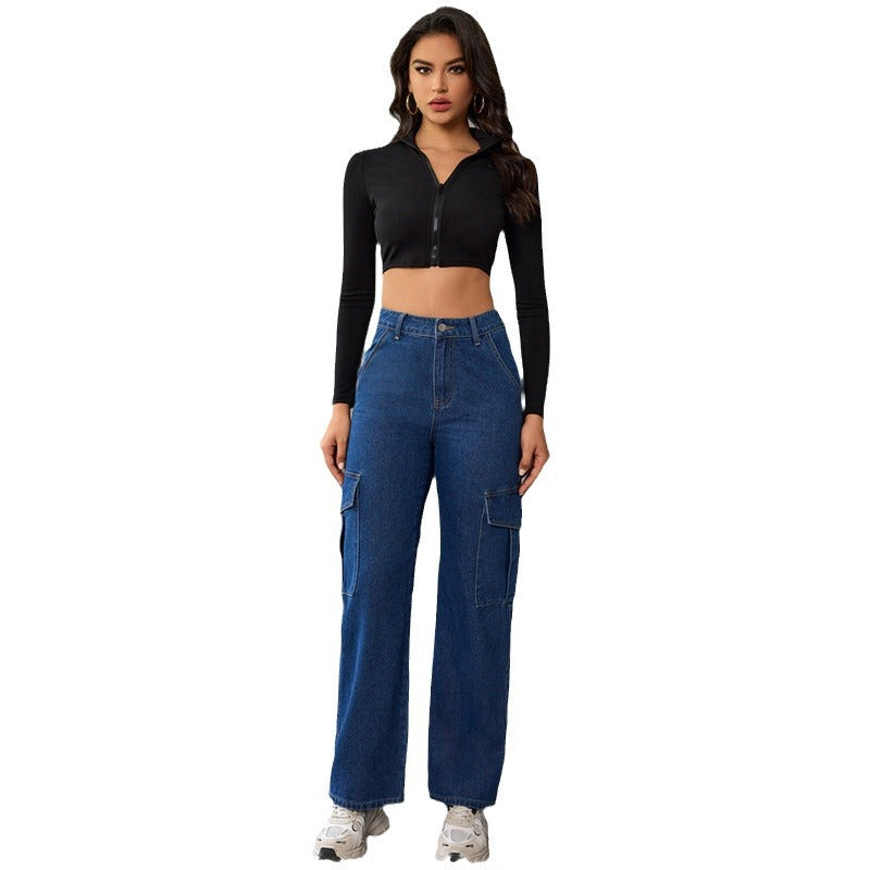 Women's Cargo Washed Loose Design High Waist Slimming Hip Hop Fashionable Jeans