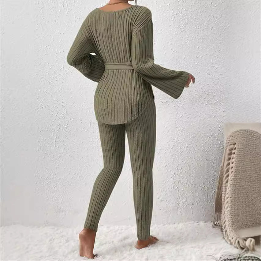 Women's Solid Color Belt Trousers Two-piece Set Fashion Casual Suit