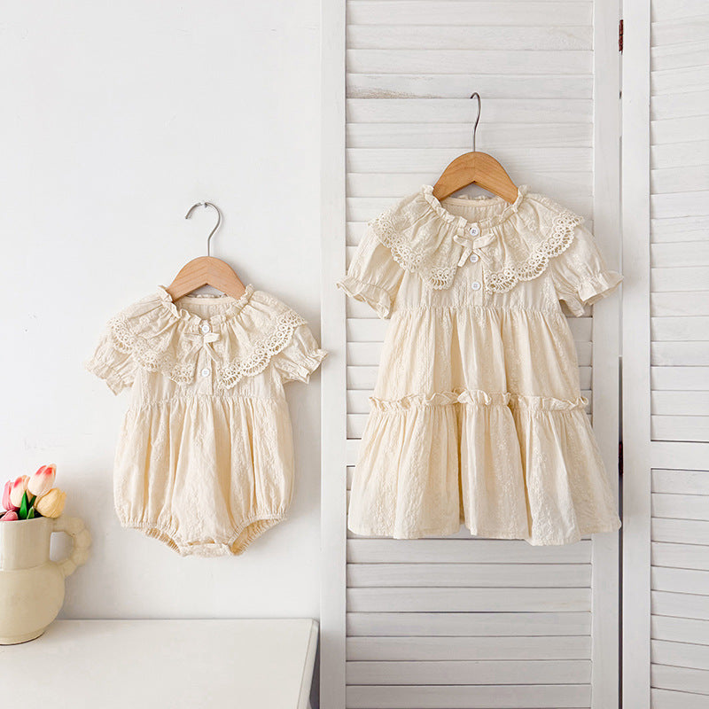 Lapel Lace Romper Princess Sisters Outfit Children's Dress