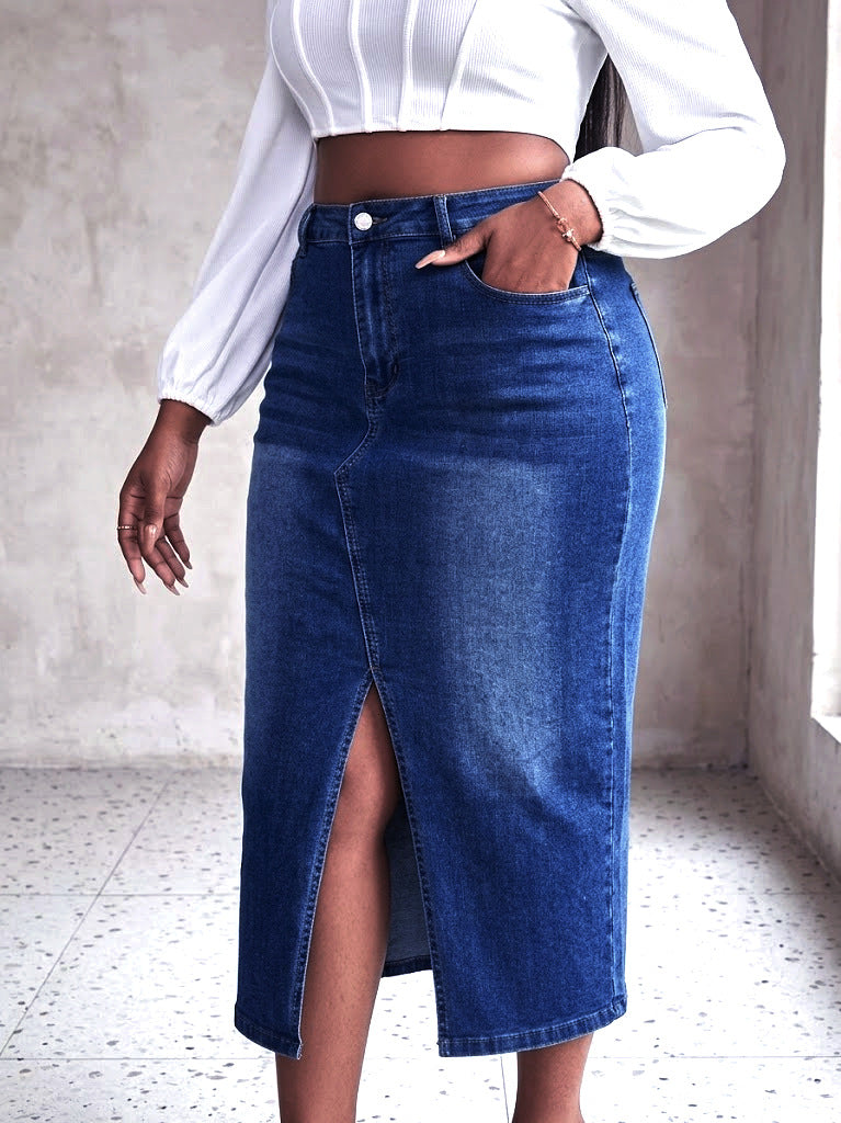 Large High Waist Front Slit Denim Retro Skirt