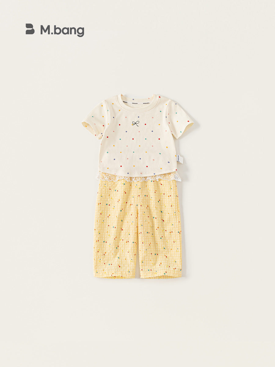 Children's Summer Sweet Polka Dot Short Sleeve Lace Casual Pants Two-piece Children's Suit
