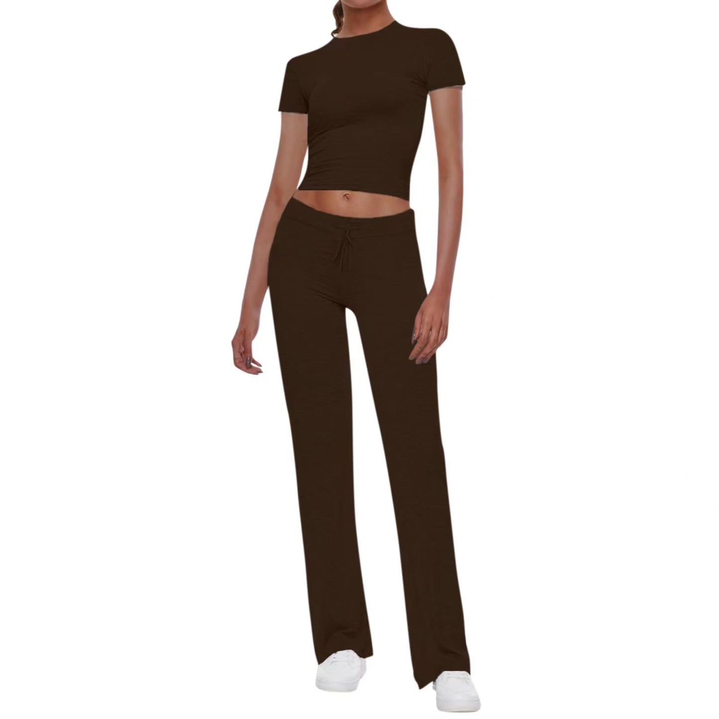 American Basic Solid Color T-shirt Flanging Waist Head Sleeve Hot Fashion Casual Suit