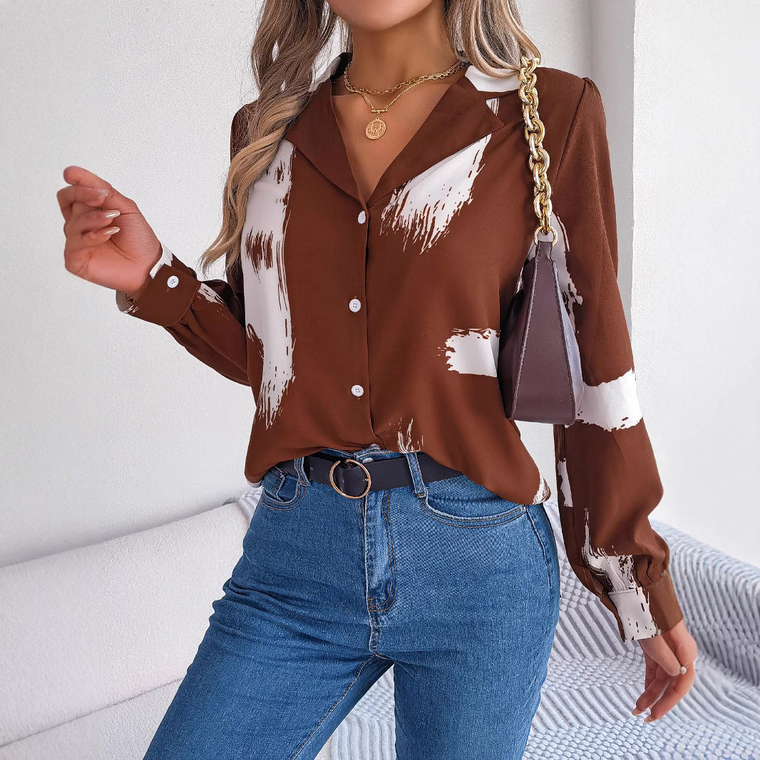 Women's Elegant Contrast Color Striped Collar Long Lace Shirt, Chiffon Shirt