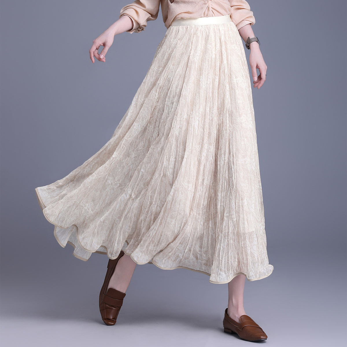 Purple Floral Pleated Autumn Slimming High Waist Crimp Skirt