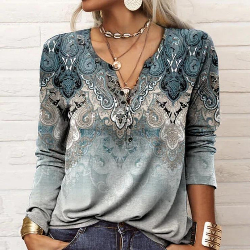 Popular Women's Long-sleeved Printed Ethnic Fashion Women's T-shirt