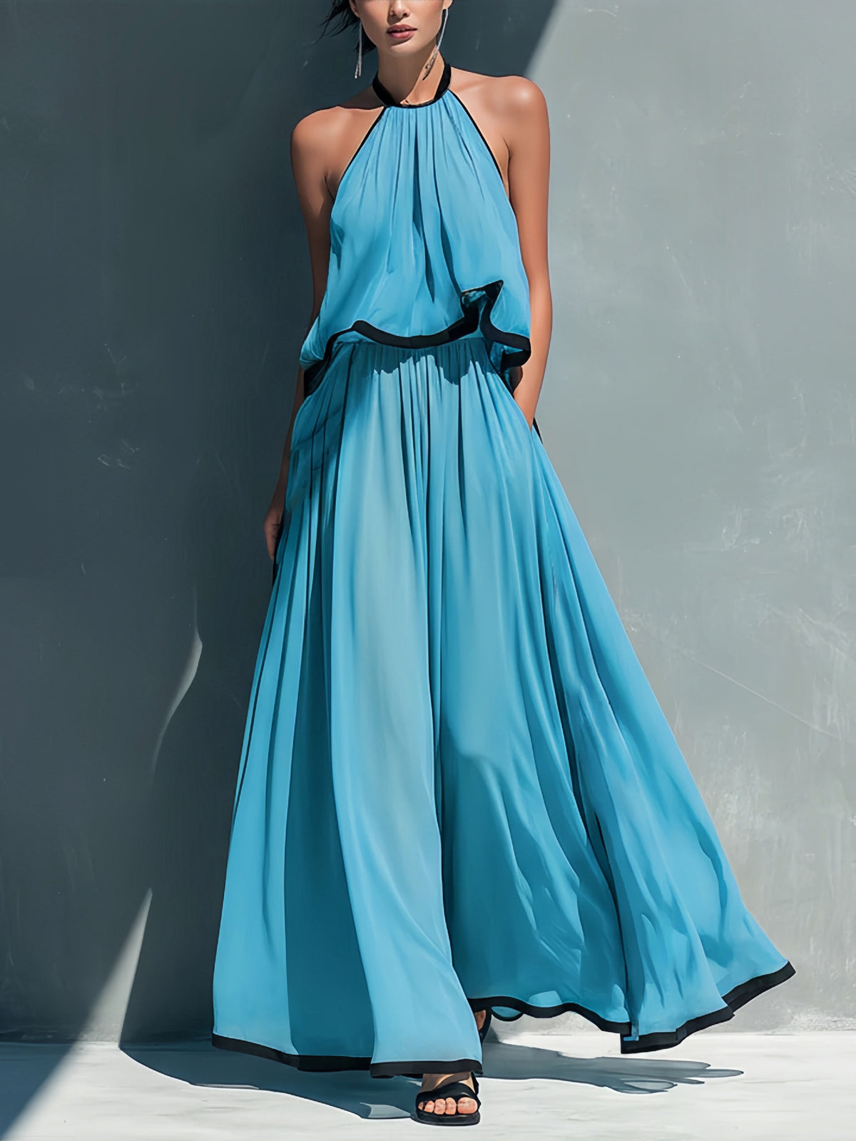 Halter Sleeveless High Waist Big Swing Long High-grade Chiffon Two-piece Fashion Casual Suit